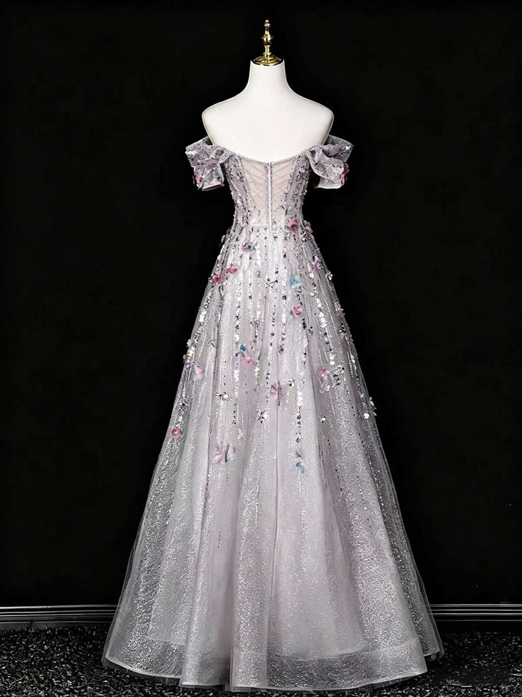 Lavender Off-the-Shoulder Sequin Evening Gown with 3D Floral Appliqués