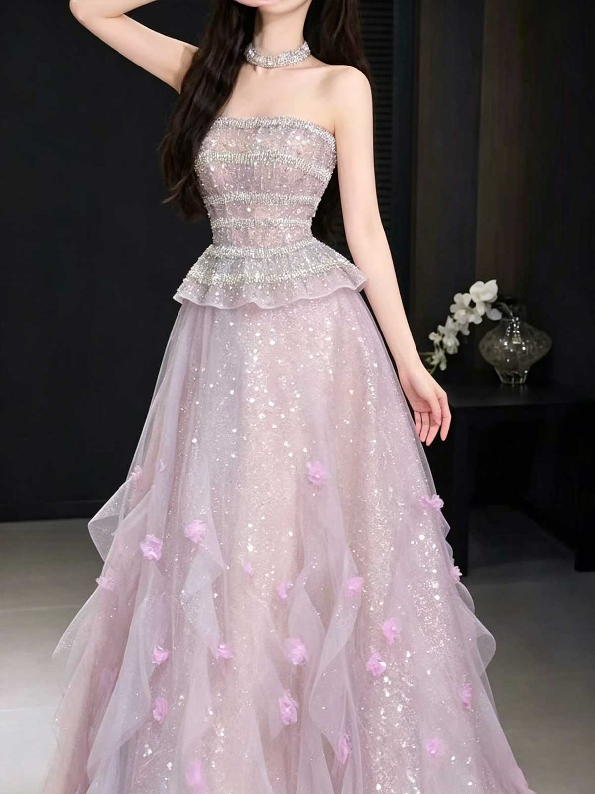 Blush Pink Strapless Sequin Tulle Ball Gown with 3D Floral Appliqués