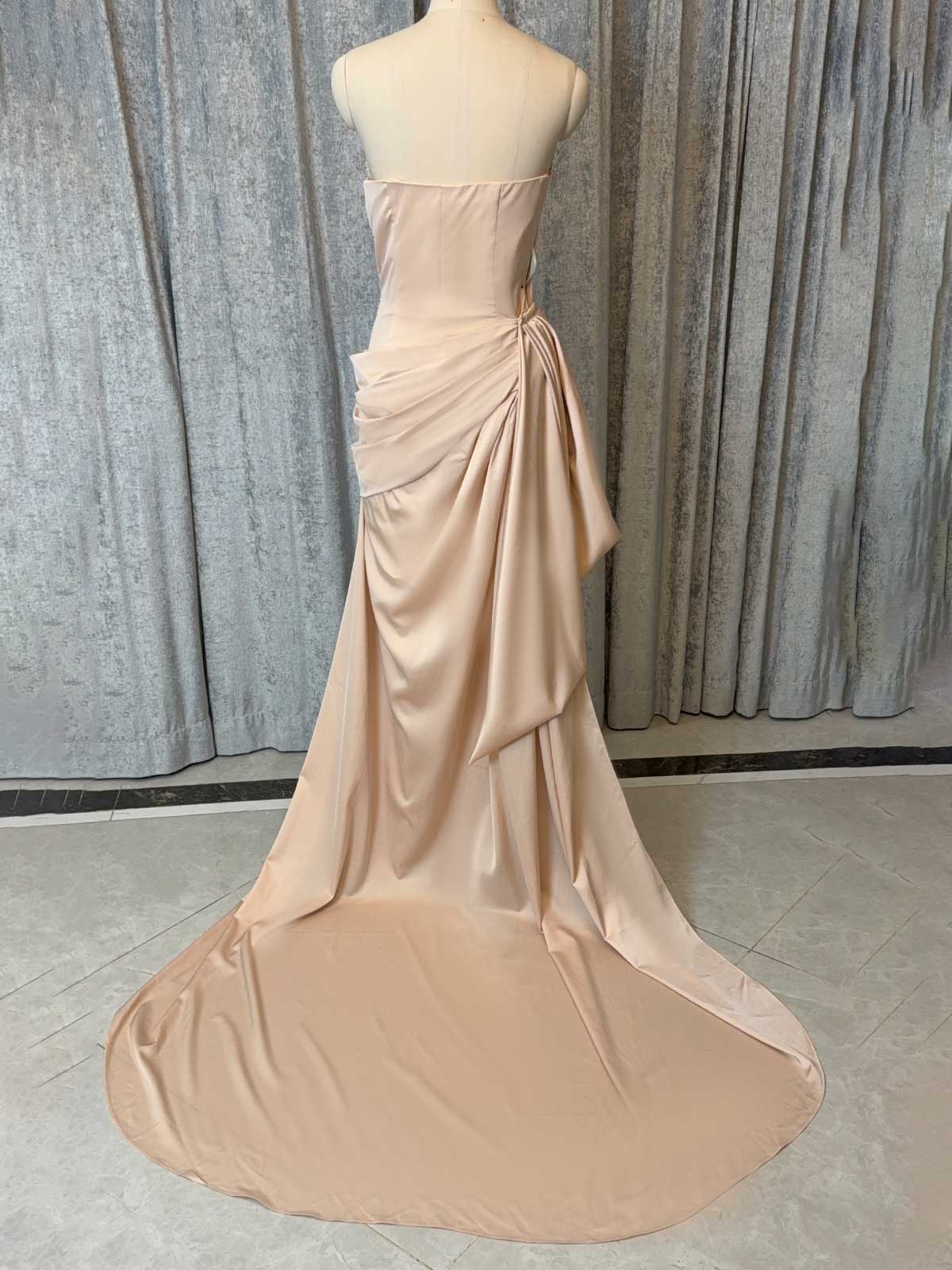 Luxury Champagne Formal Gown with Scalloped Neckline & Train