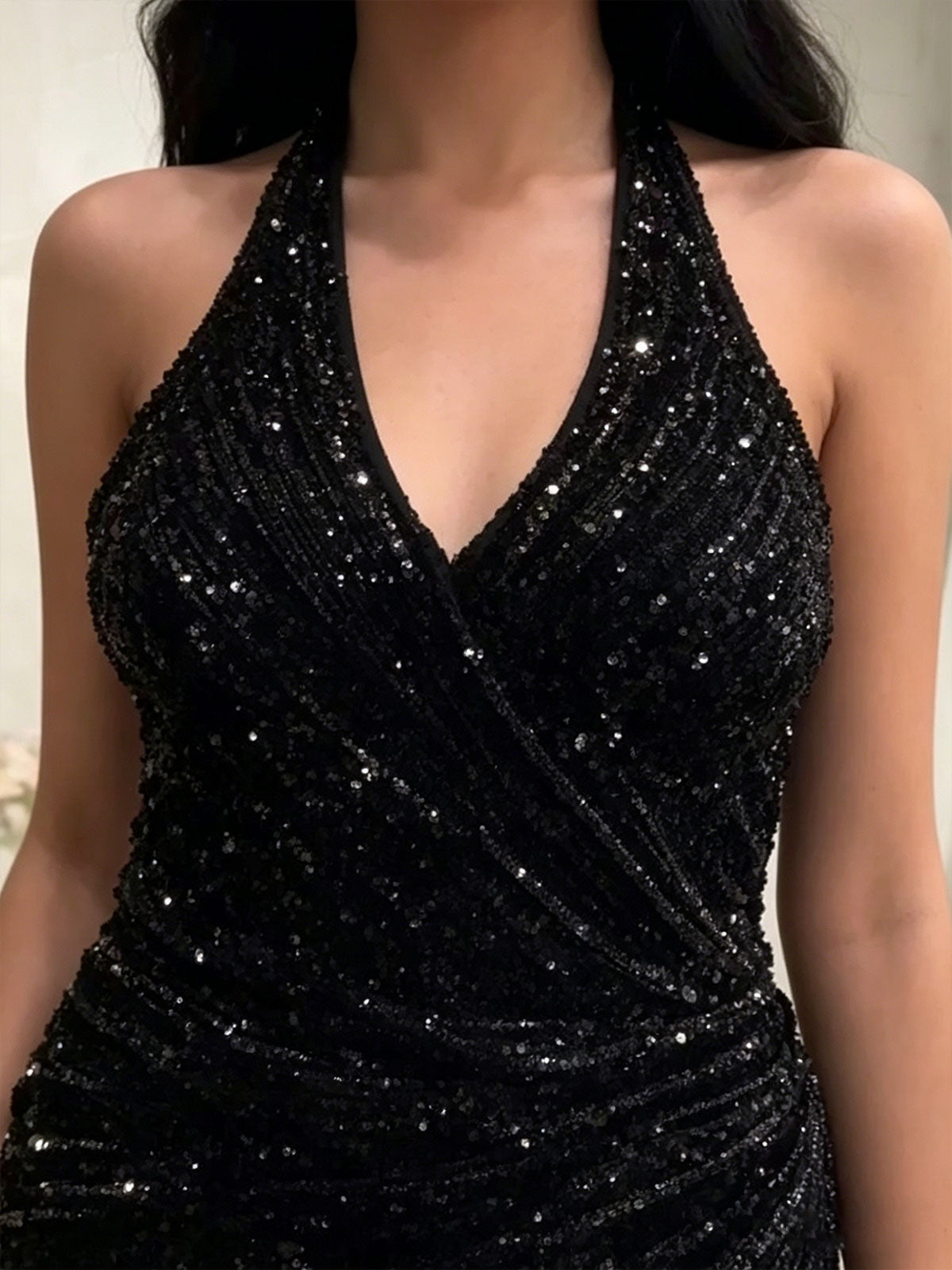 Black Sequin Halter Neck Sheer Mesh Mermaid Evening Gown