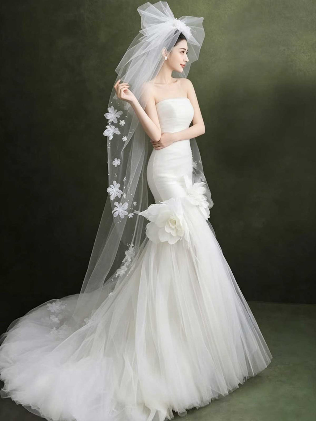 Strapless White Tulle Mermaid Wedding Dress with 3D Floral Appliqués