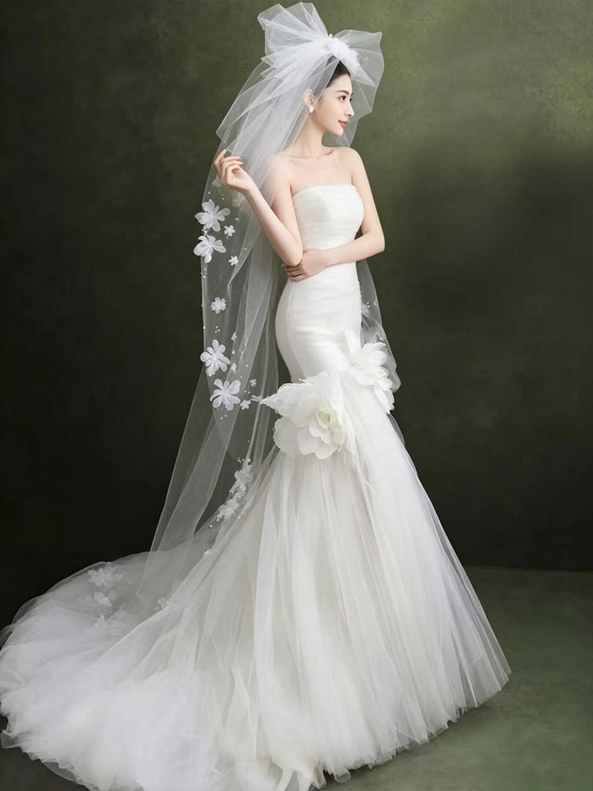 Strapless White Tulle Mermaid Wedding Dress with 3D Floral Appliqués