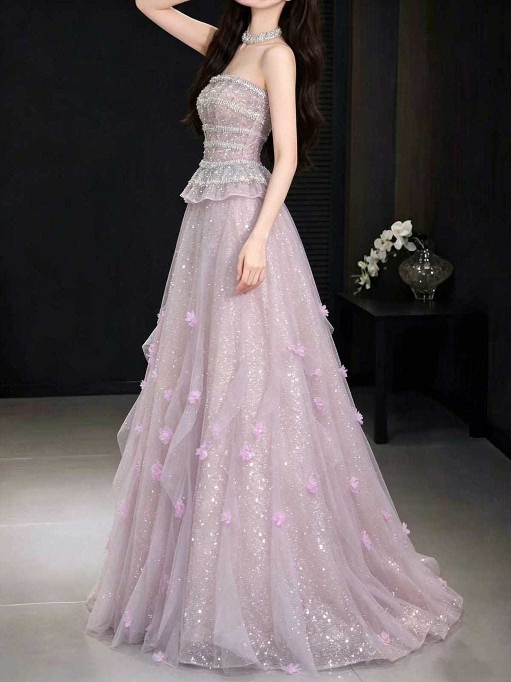 Blush Pink Strapless Sequin Tulle Ball Gown with 3D Floral Appliqués