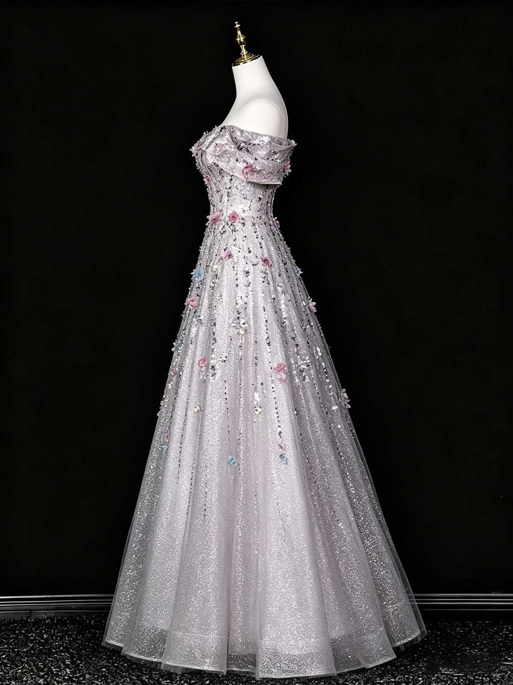 Lavender Off-the-Shoulder Sequin Evening Gown with 3D Floral Appliqués