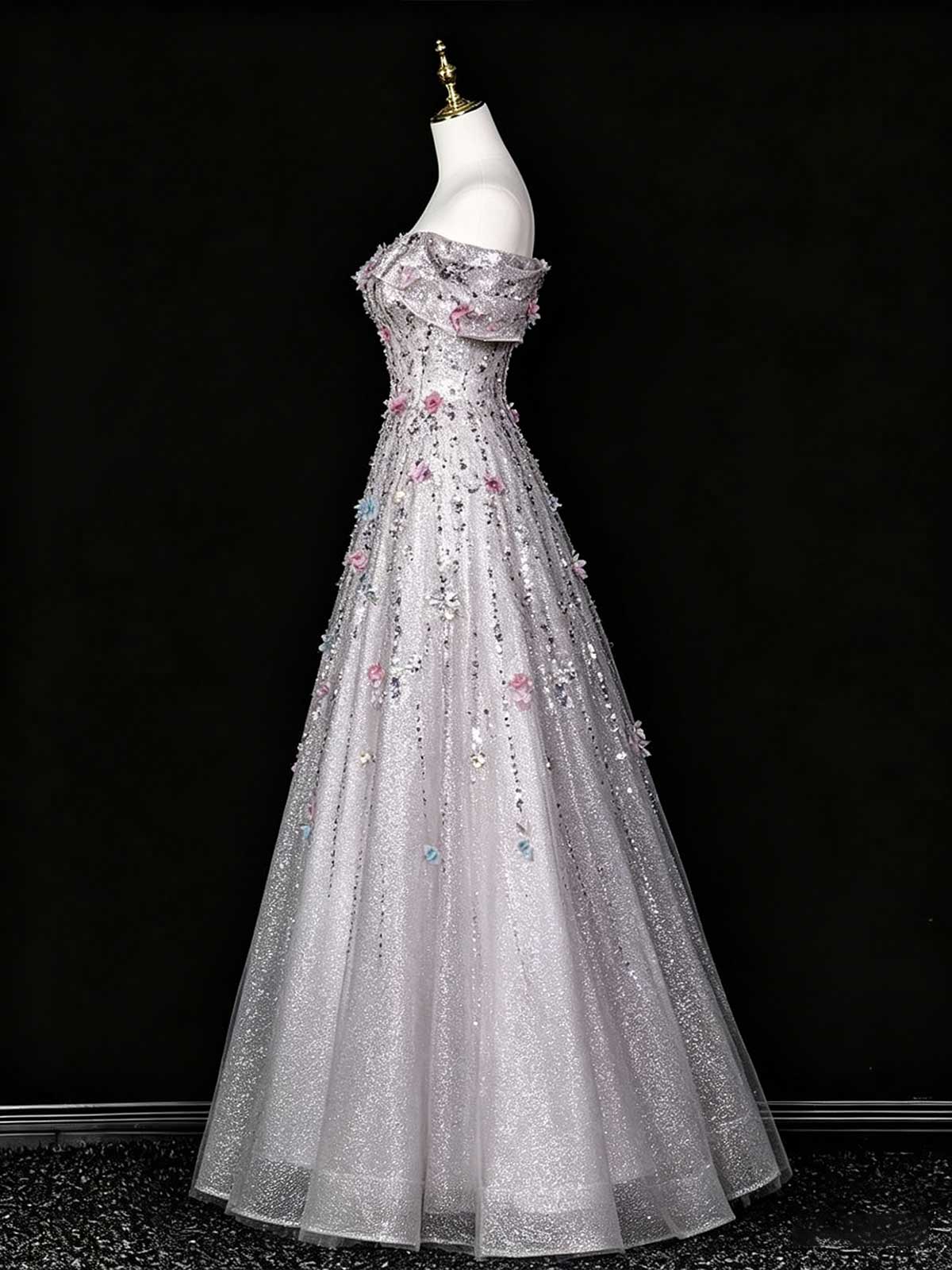 Lavender Off-the-Shoulder Sequin Evening Gown with 3D Floral Appliqués