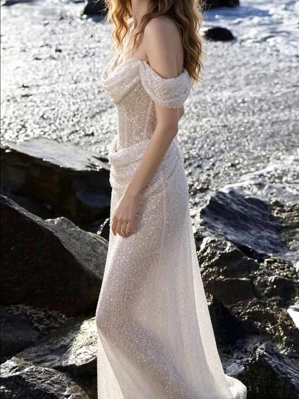 Ivory Sequin Off-the-Shoulder Mermaid Wedding Dress