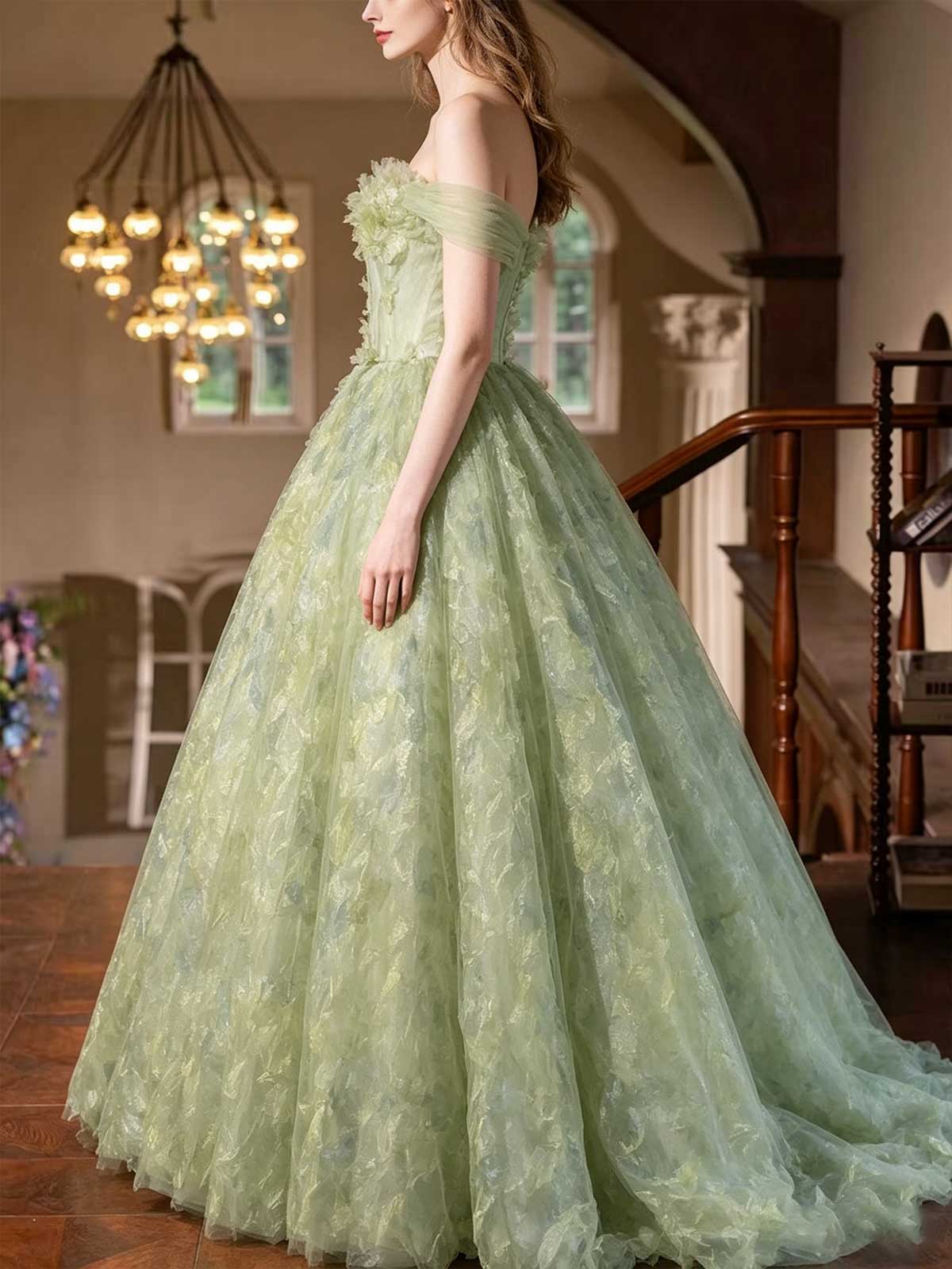 Mint Green 3D Floral Applique Off-the-Shoulder A-Line Prom Gown