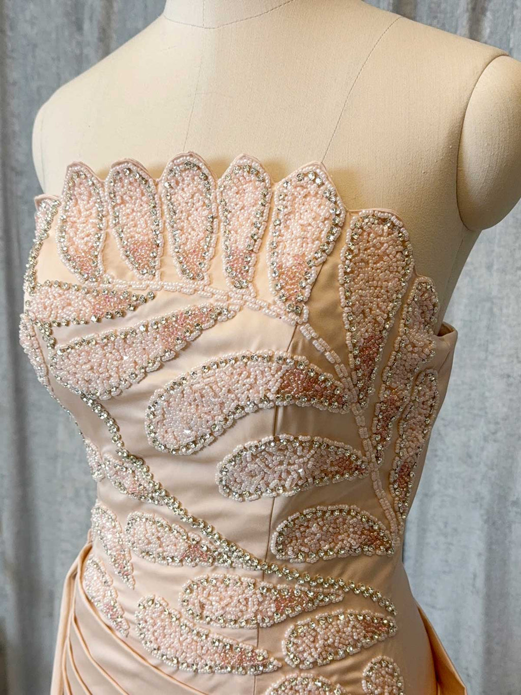 Luxury Champagne Formal Gown with Scalloped Neckline & Train