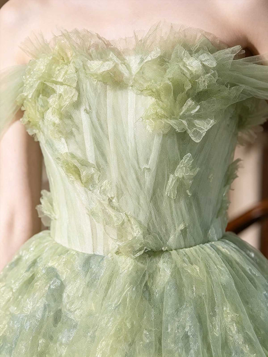 Mint Green 3D Floral Applique Off-the-Shoulder A-Line Prom Gown