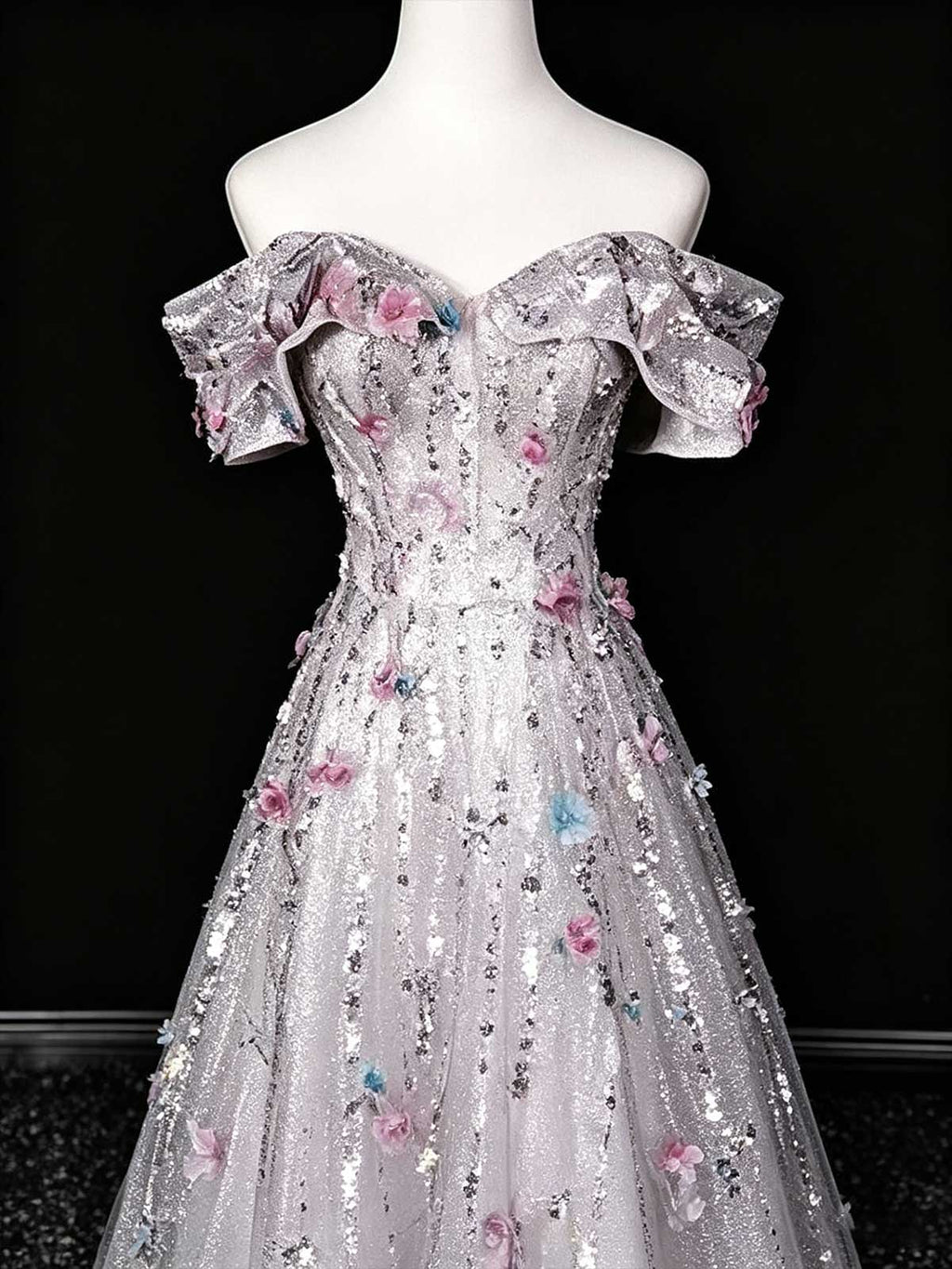 Lavender Off-the-Shoulder Sequin Evening Gown with 3D Floral Appliqués
