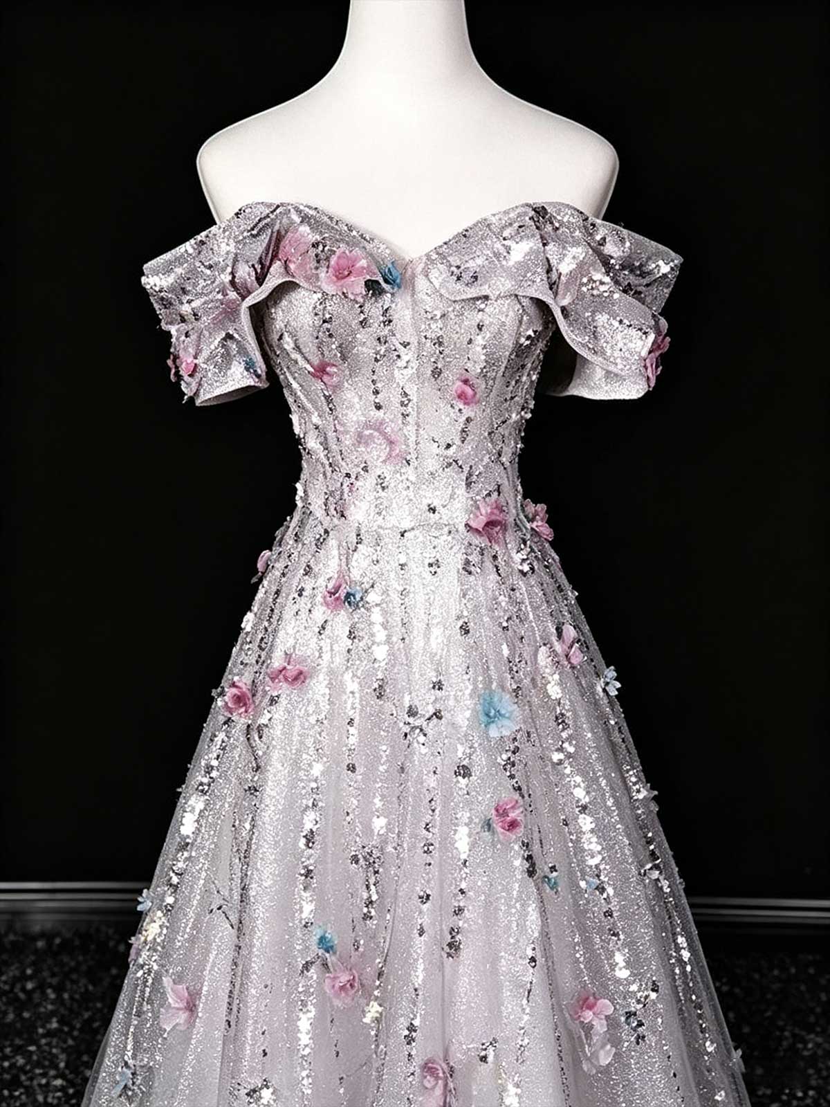 Lavender Off-the-Shoulder Sequin Evening Gown with 3D Floral Appliqués