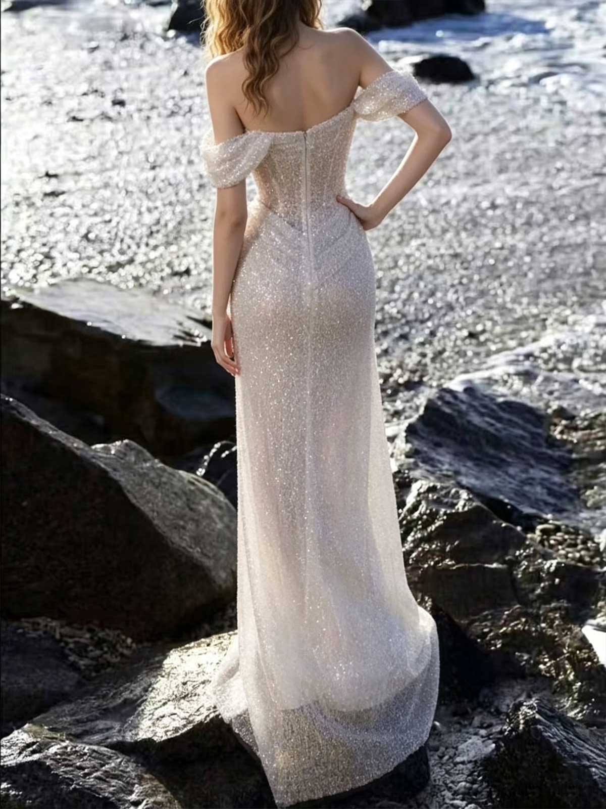 Ivory Sequin Off-the-Shoulder Mermaid Wedding Dress