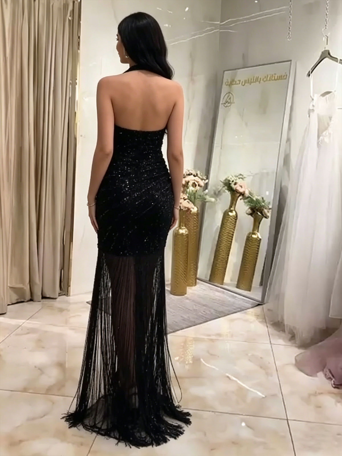 Black Sequin Halter Neck Sheer Mesh Mermaid Evening Gown