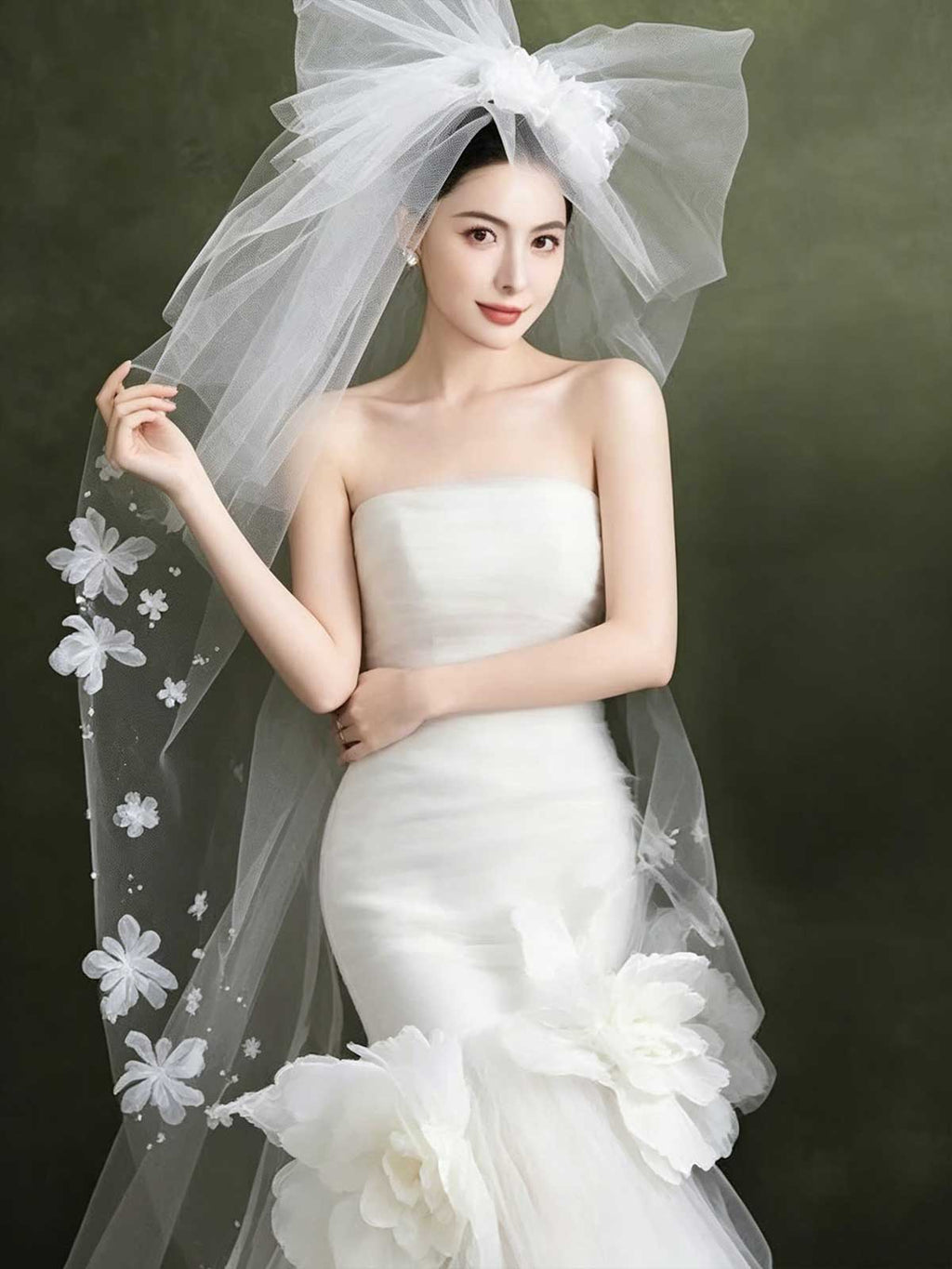 Strapless White Tulle Mermaid Wedding Dress with 3D Floral Appliqués