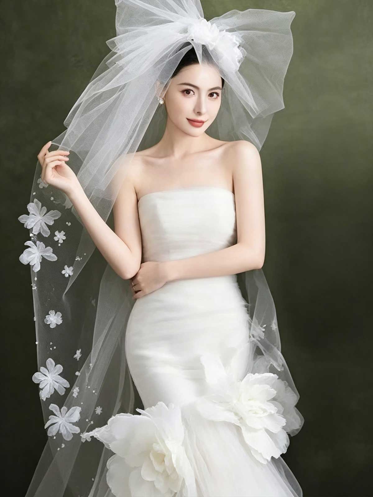 Strapless White Tulle Mermaid Wedding Dress with 3D Floral Appliqués