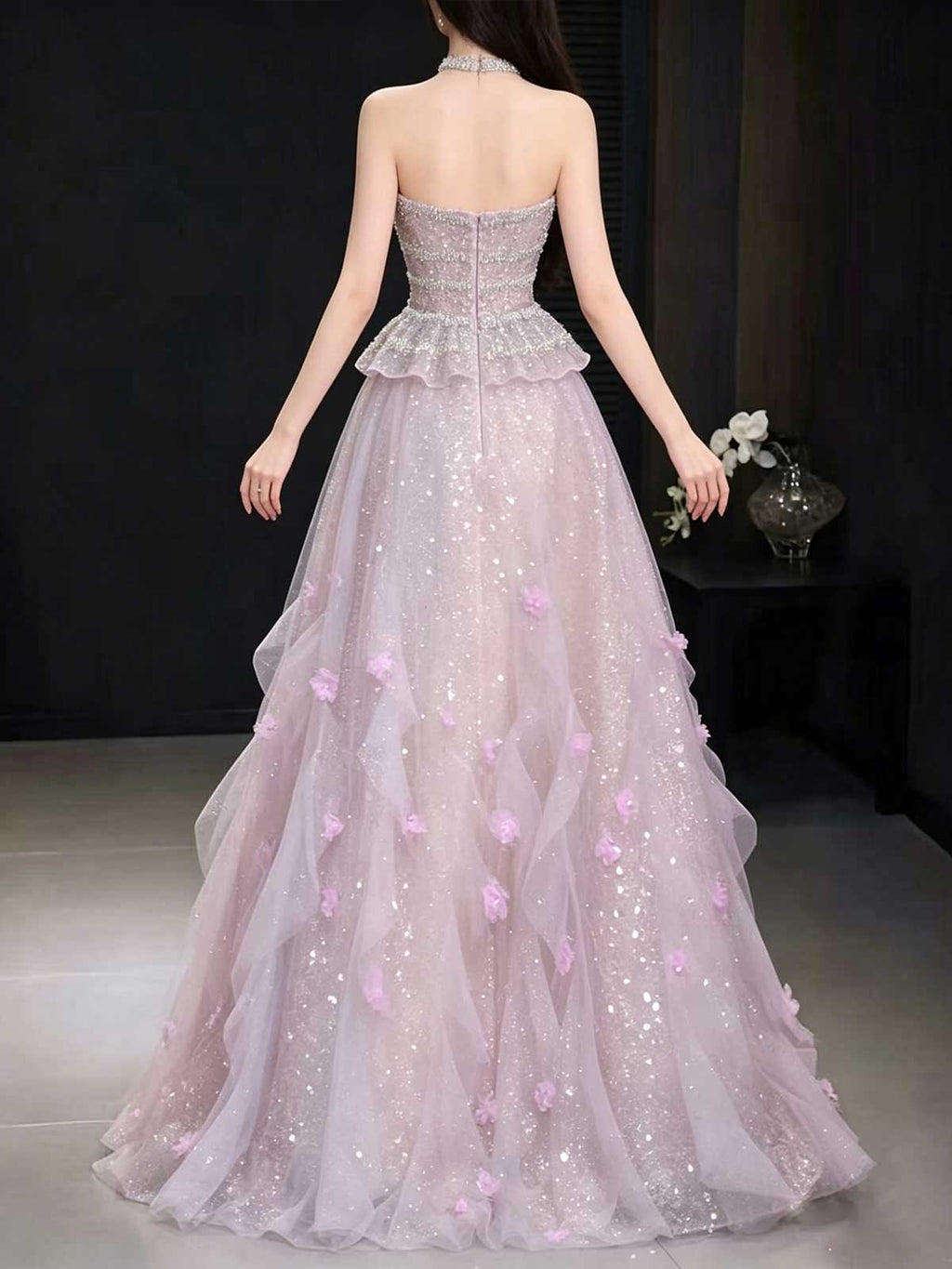 Blush Pink Strapless Sequin Tulle Ball Gown with 3D Floral Appliqués