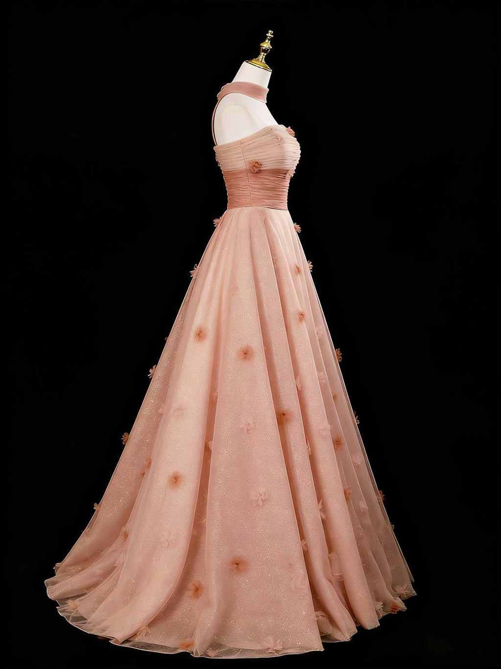 Dusty Pink Halter Glitter Tulle A-Line Evening Gown
