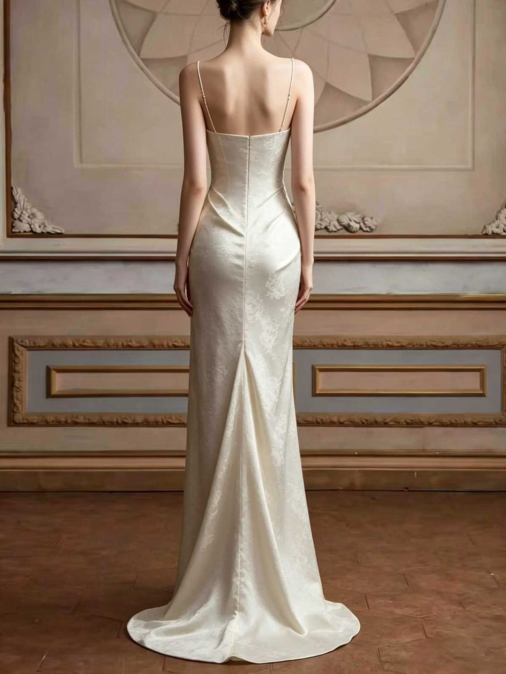 Ivory Jacquard Satin Slip Evening Gown with Choker Neckline
