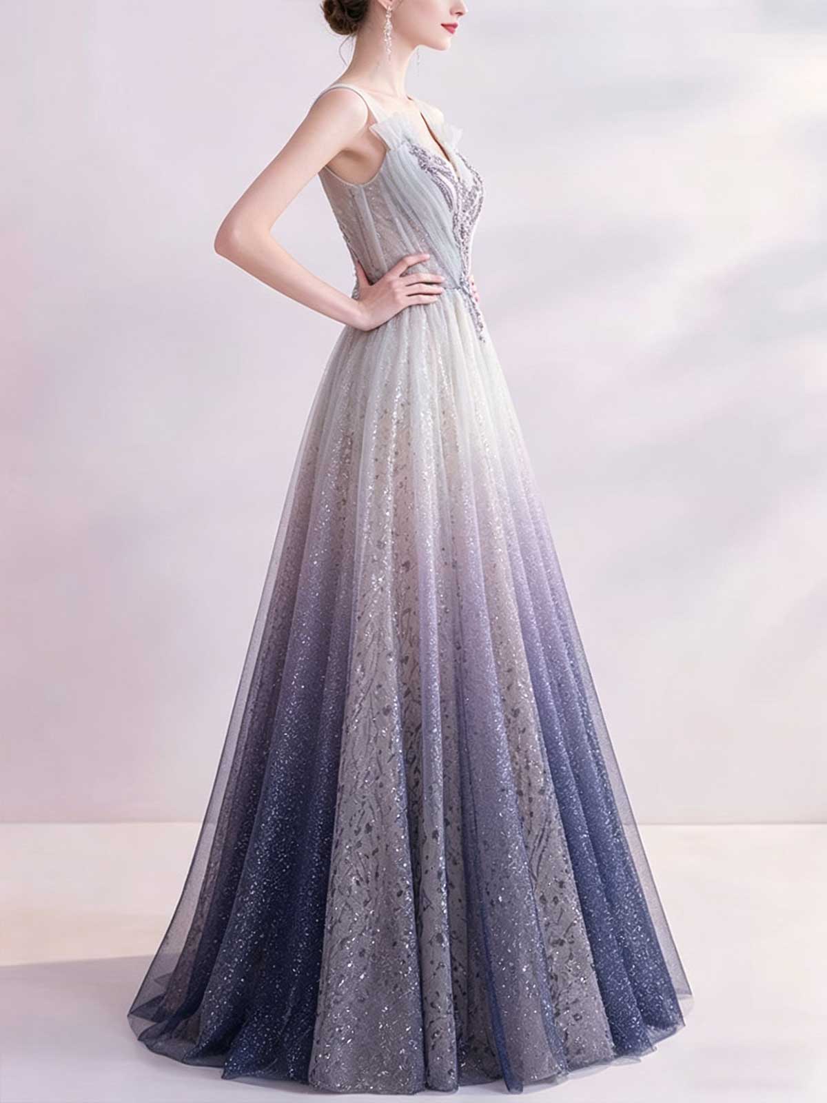 Ombre Blue to Purple Sequin Tulle Prom Dress with Spaghetti Straps