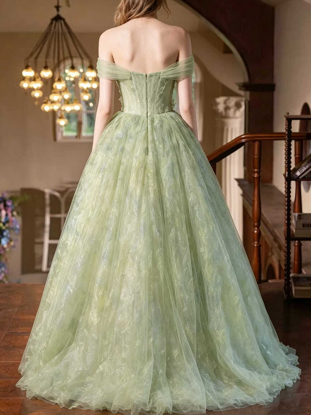 Mint Green 3D Floral Applique Off-the-Shoulder A-Line Prom Gown