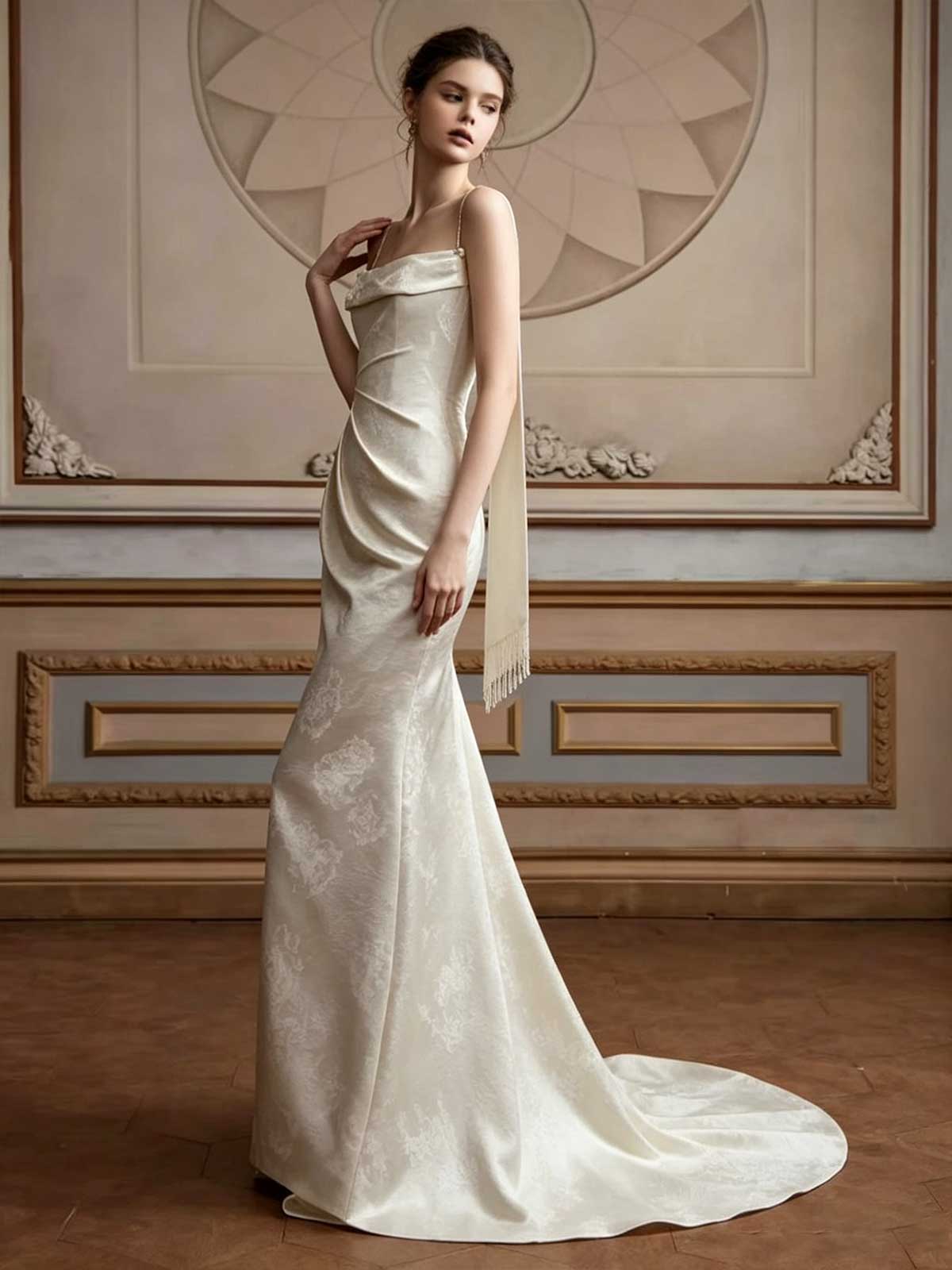 Ivory Jacquard Satin Slip Evening Gown with Choker Neckline