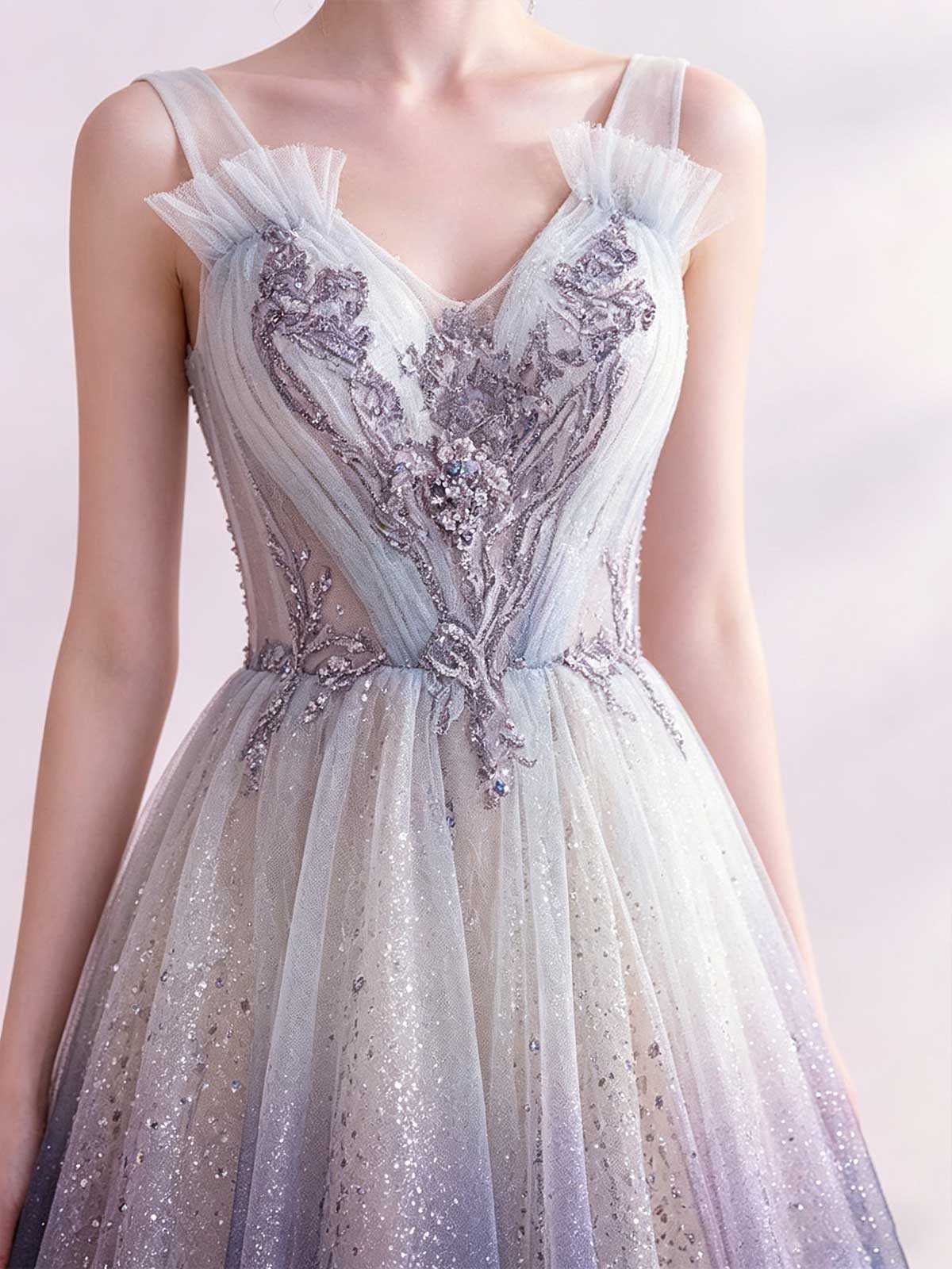 Ombre Blue to Purple Sequin Tulle Prom Dress with Spaghetti Straps