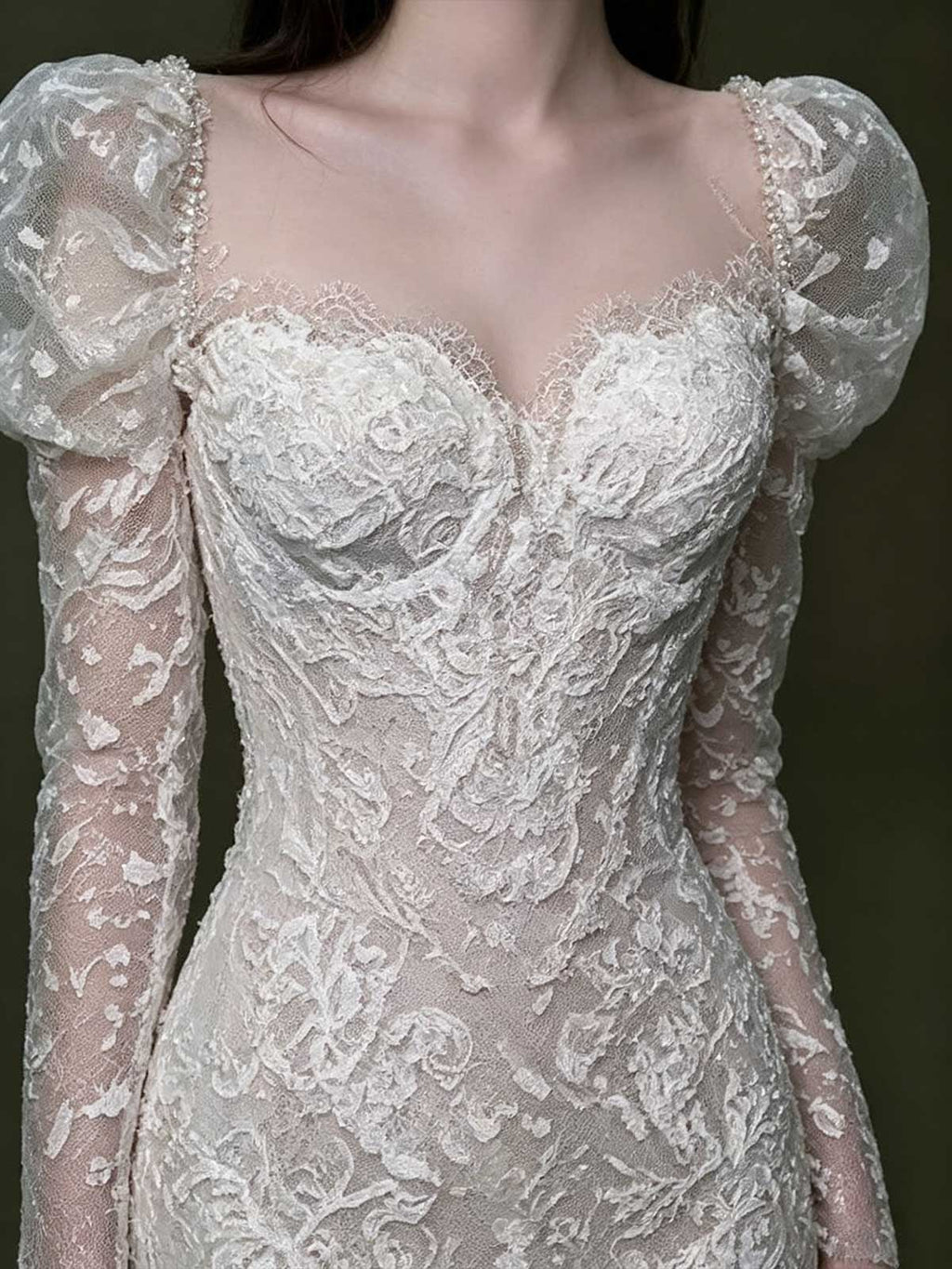 Ivory Lace Puff Sleeve Long Sleeve Mermaid Wedding Dress