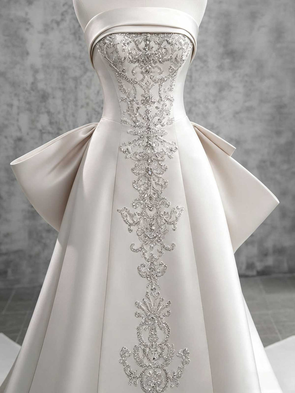 Ivory Satin Beaded Strapless A-Line Wedding Dress with Oversized Bow