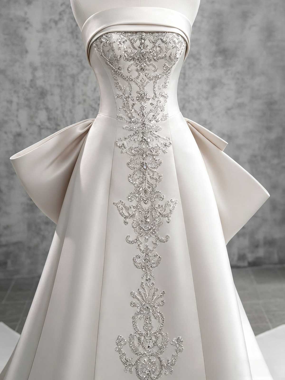 Ivory Satin Beaded Strapless A-Line Wedding Dress with Oversized Bow