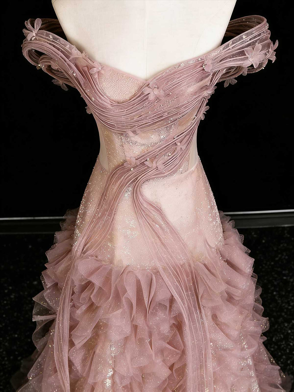Dusty Pink Off-Shoulder Ruffled Glitter Tulle Ball Gown