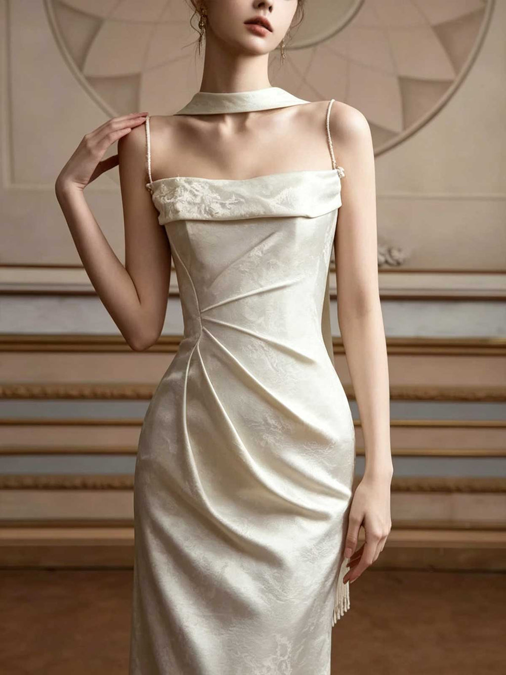 Ivory Jacquard Satin Slip Evening Gown with Choker Neckline