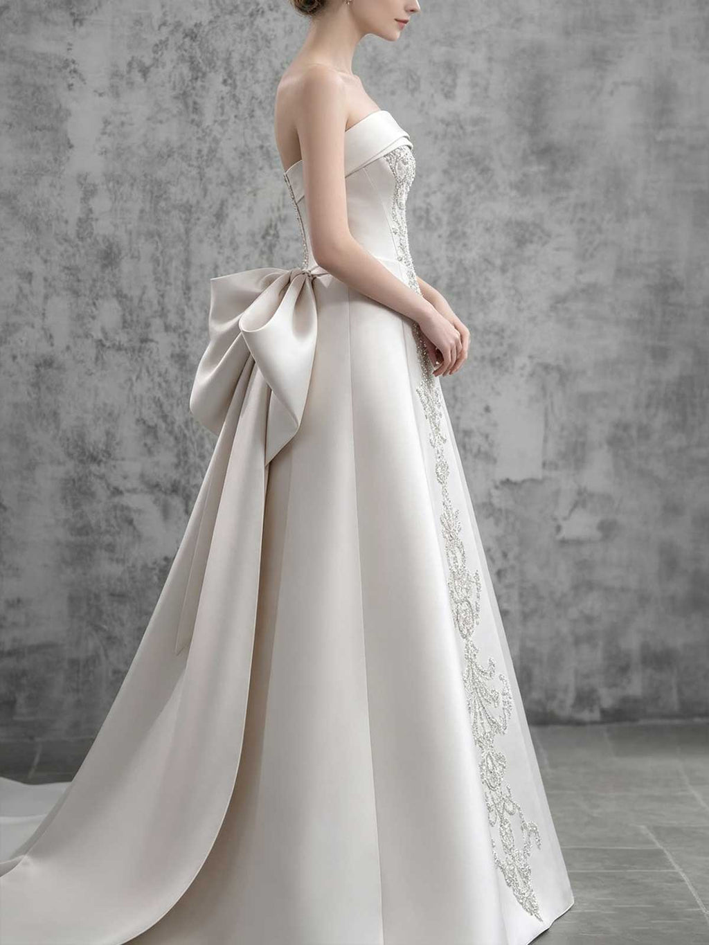 Ivory Satin Beaded Strapless A-Line Wedding Dress with Oversized Bow