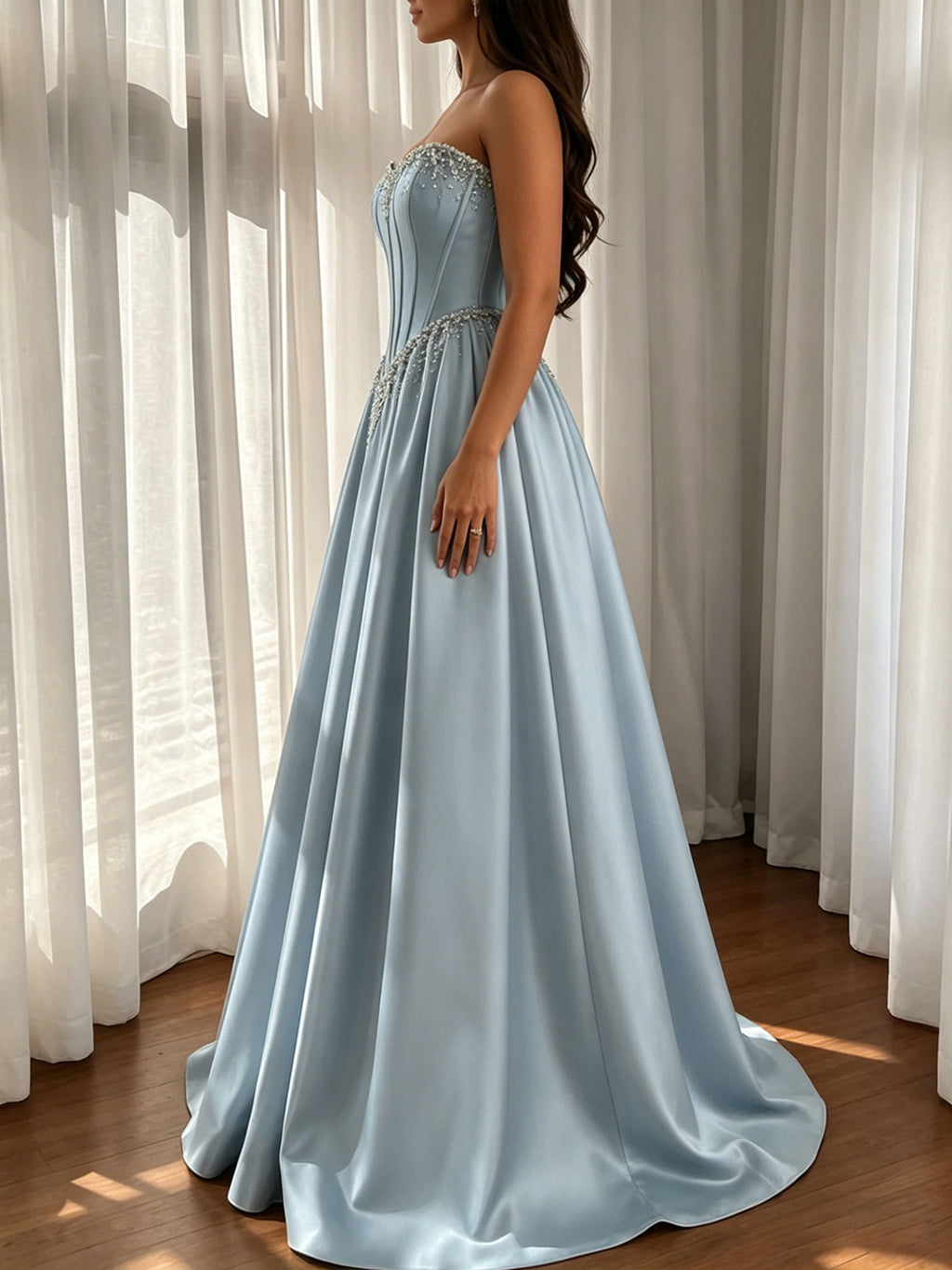 Light Blue Satin Strapless Beaded Ball Gown Evening Dress
