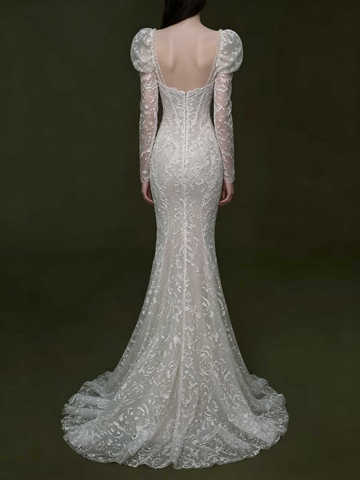 Ivory Lace Puff Sleeve Long Sleeve Mermaid Wedding Dress