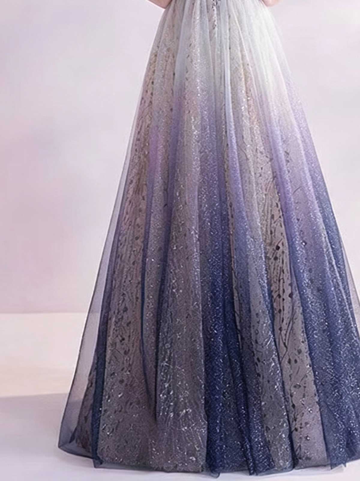 Ombre Blue to Purple Sequin Tulle Prom Dress with Spaghetti Straps
