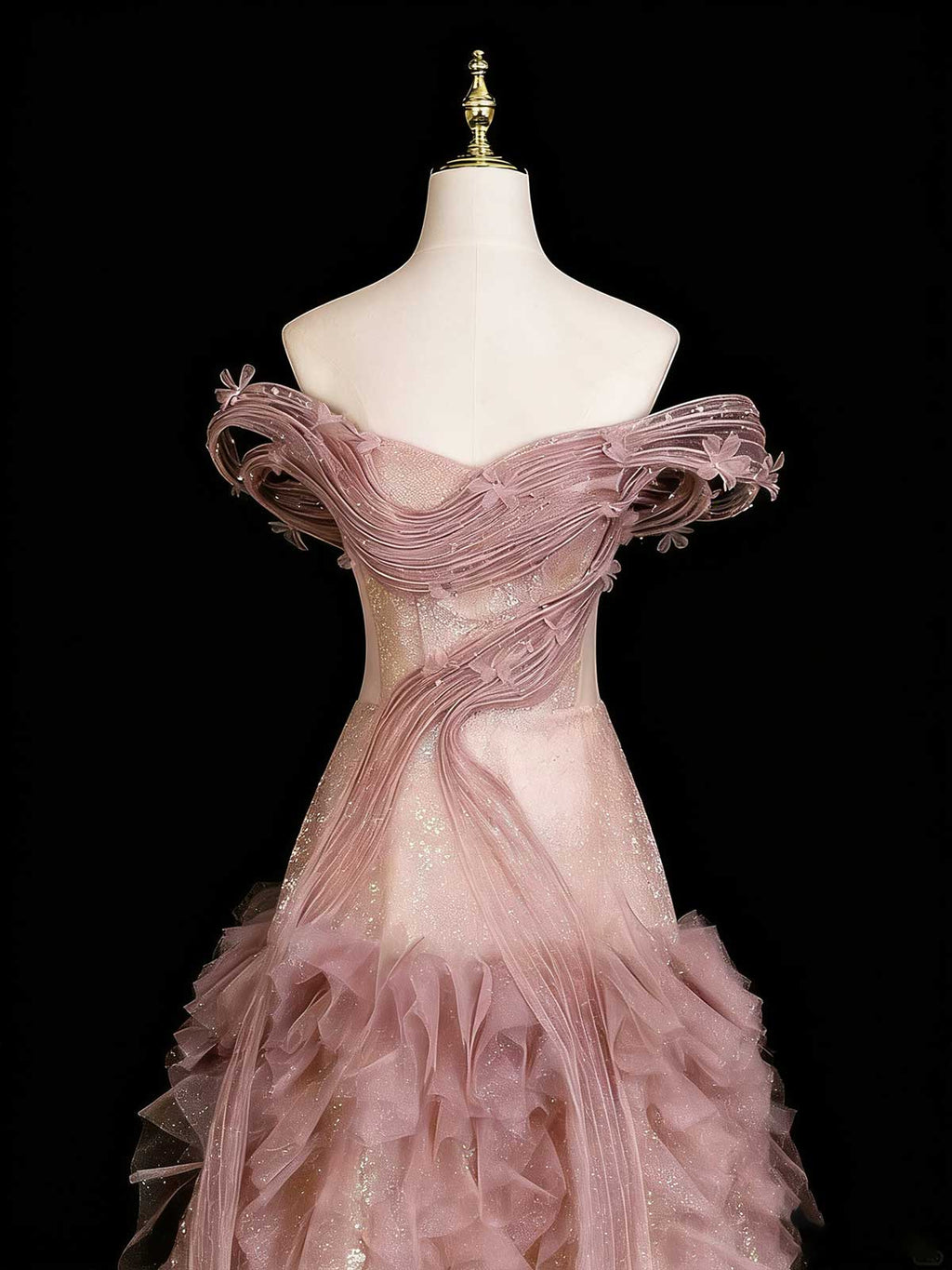 Dusty Pink Off-Shoulder Ruffled Glitter Tulle Ball Gown