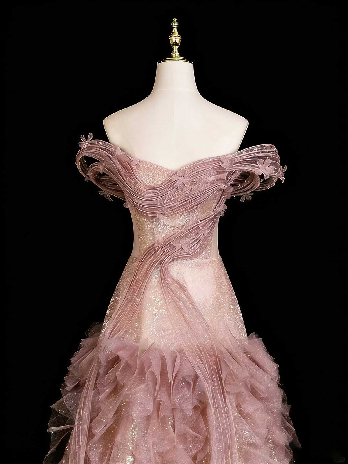 Dusty Pink Off-Shoulder Ruffled Glitter Tulle Ball Gown