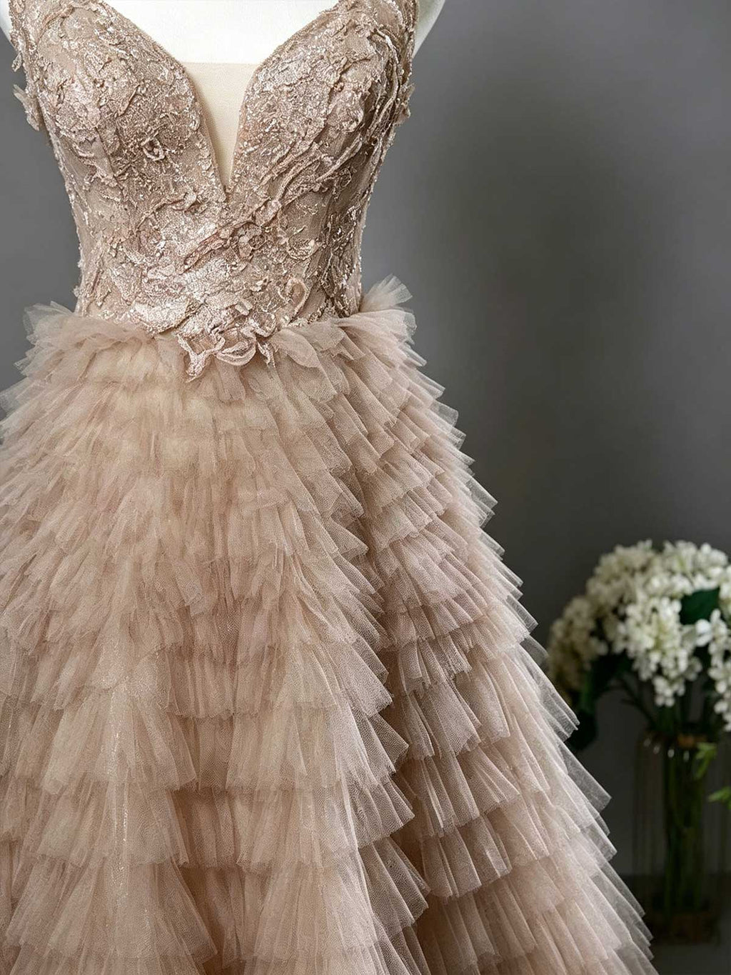 Blush Nude V-Neck Sequin Tiered Tulle Ball Gown with Train
