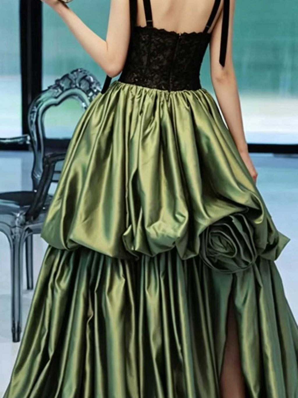 Black Lace Top & Green Satin Skirt Two-Piece Evening Gown