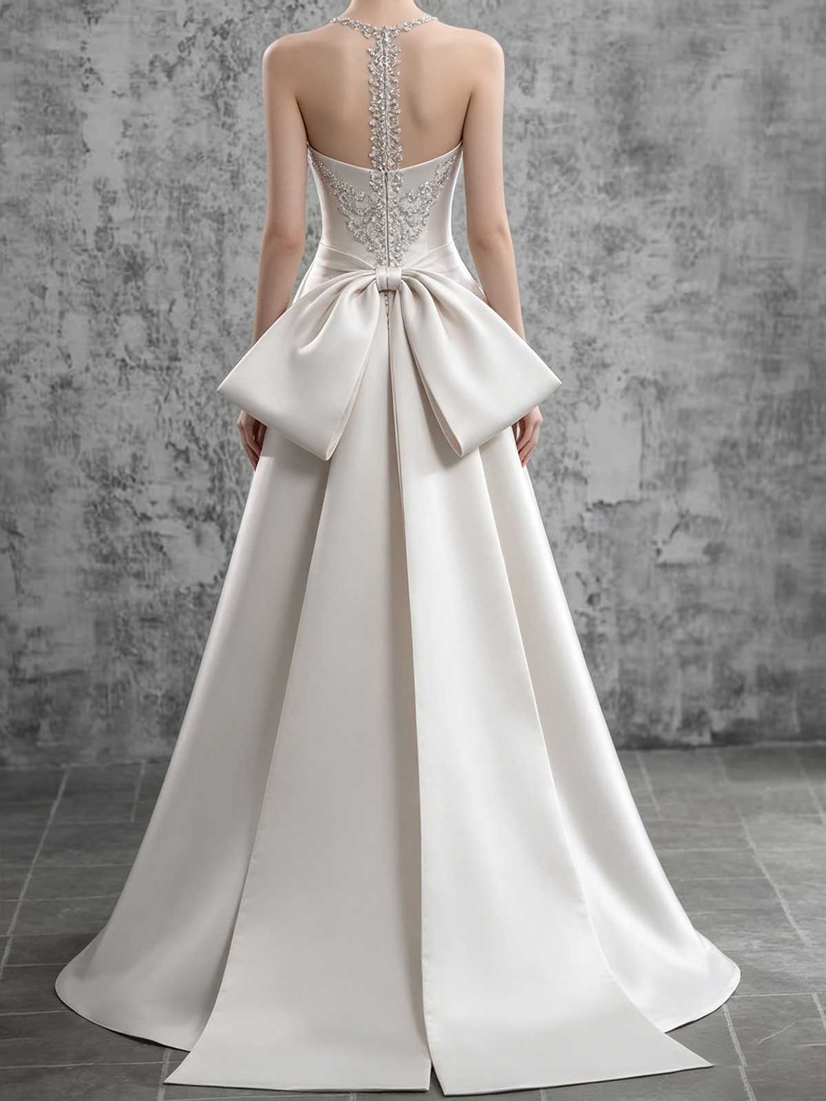 Ivory Satin Beaded Strapless A-Line Wedding Dress with Oversized Bow
