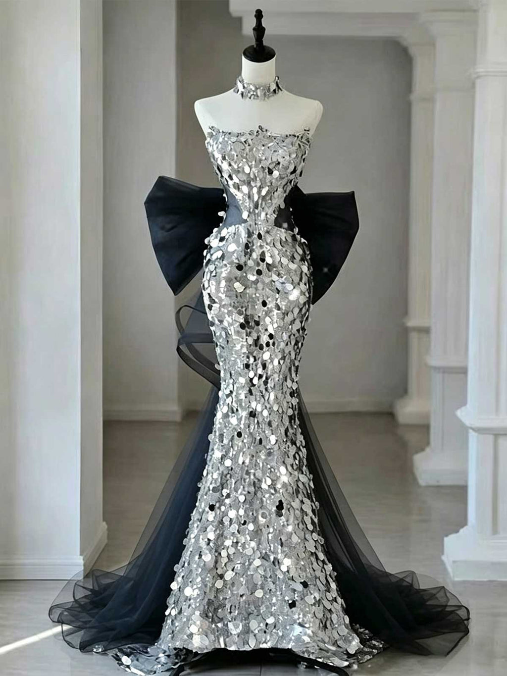 Silver Strapless Sequin Mermaid Evening Gown with Oversized Bow