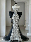Silver Strapless Sequin Mermaid Evening Gown with Oversized Bow