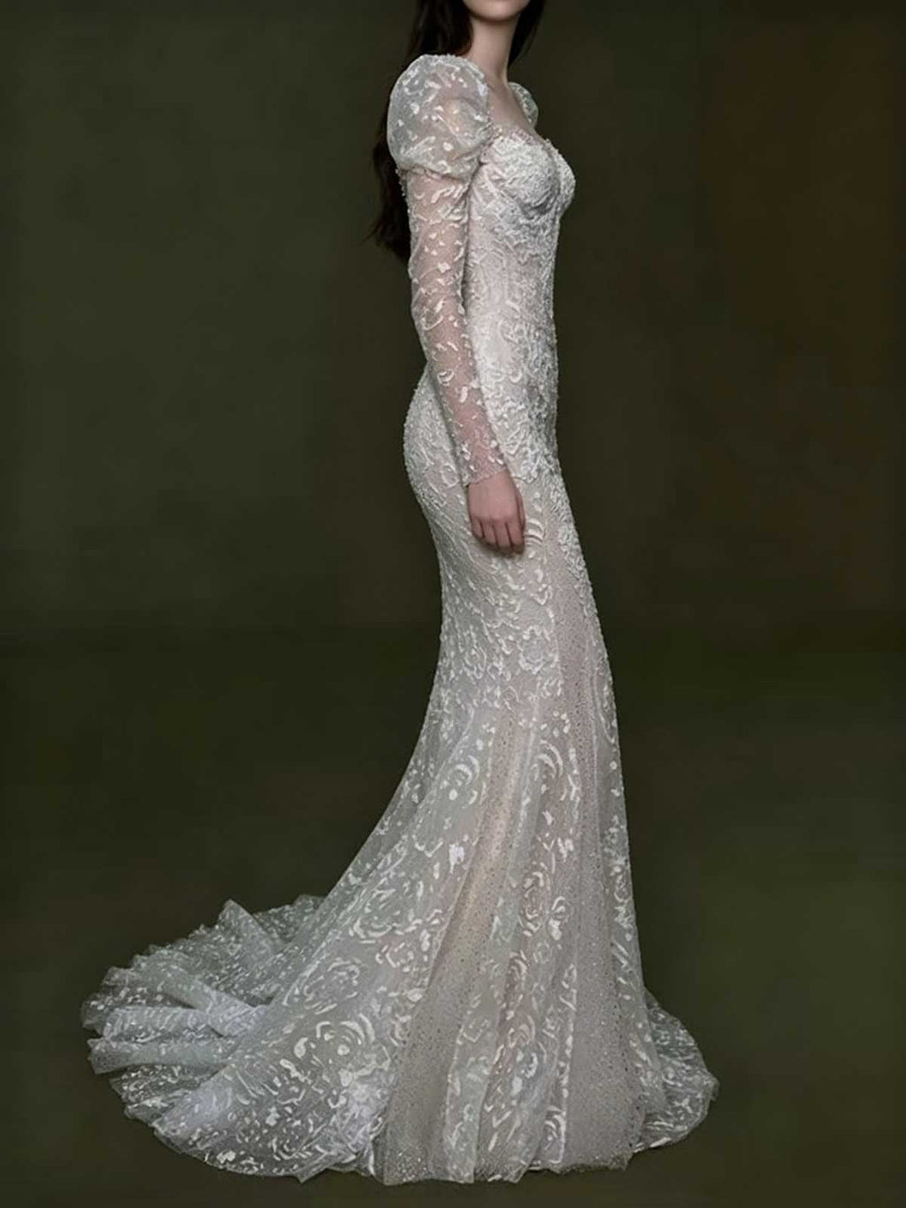 Ivory Lace Puff Sleeve Long Sleeve Mermaid Wedding Dress