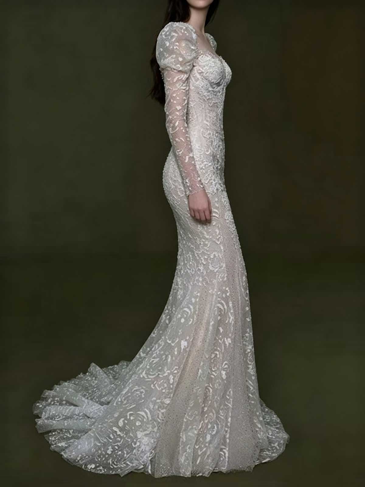 Ivory Lace Puff Sleeve Long Sleeve Mermaid Wedding Dress
