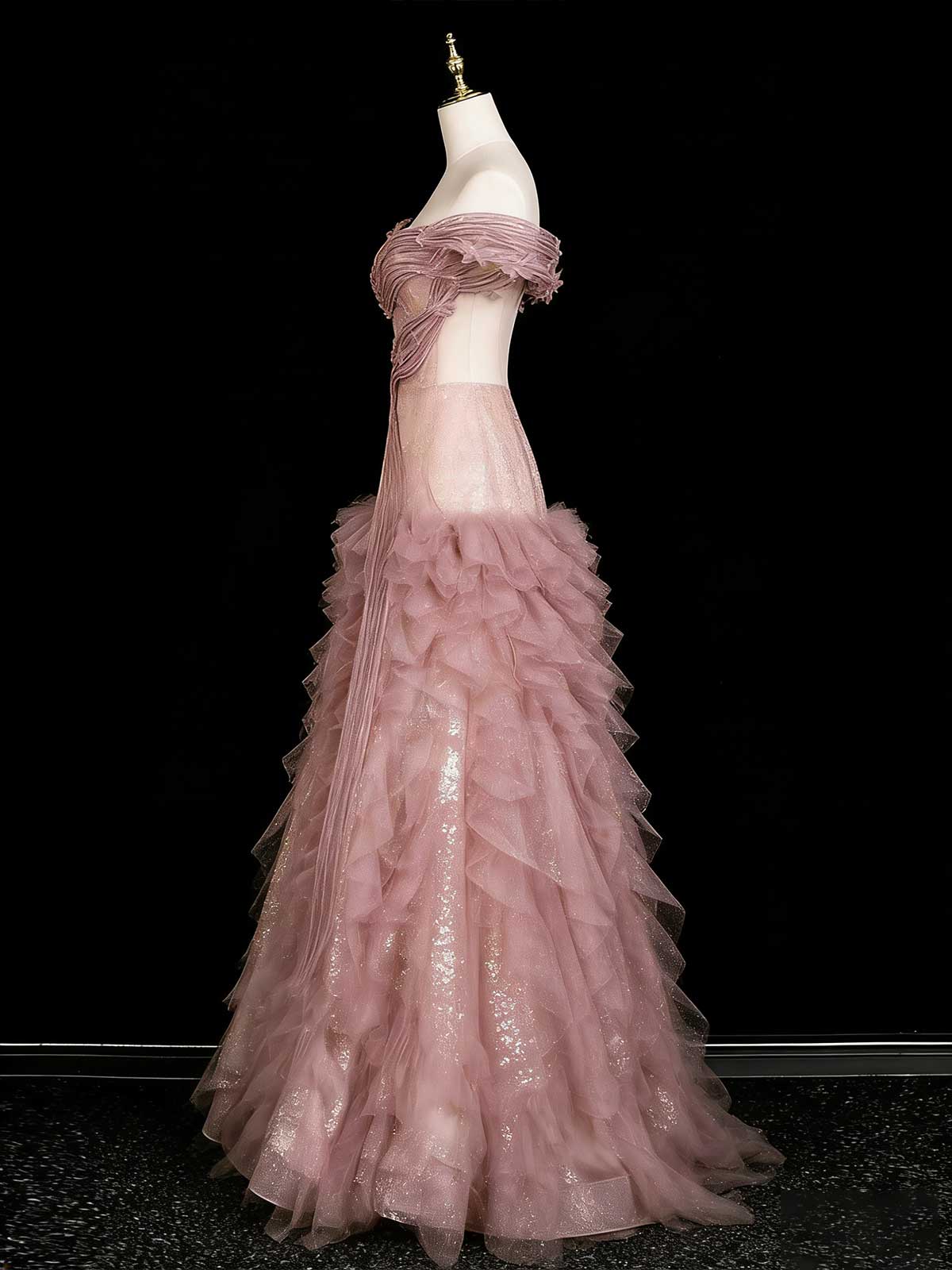 Dusty Pink Off-Shoulder Ruffled Glitter Tulle Ball Gown