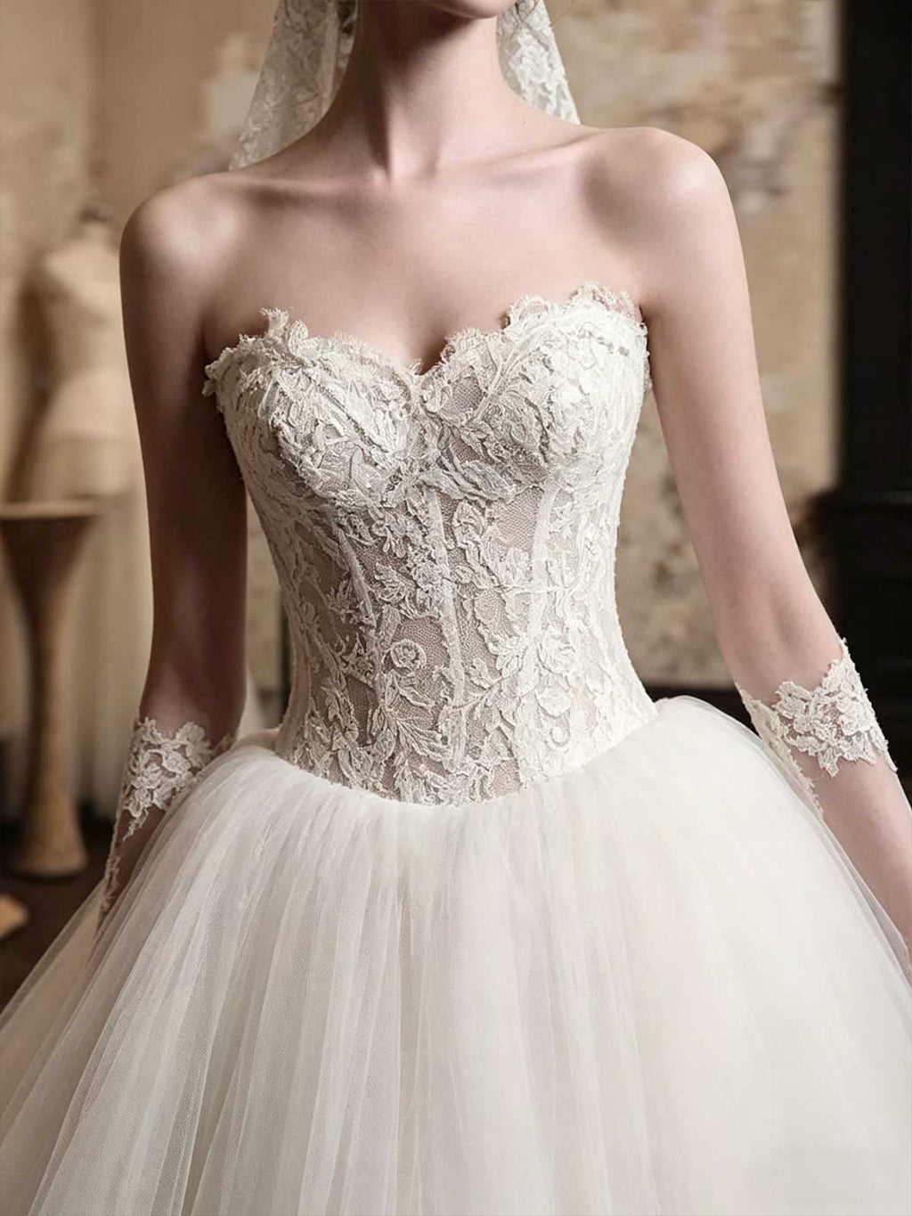 Ivory Lace Strapless Tulle Ball Gown Wedding Dress with Long Gloves