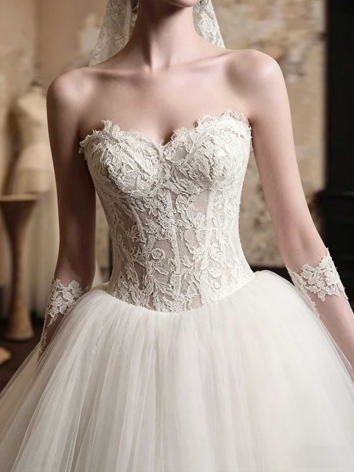 Ivory Lace Strapless Tulle Ball Gown Wedding Dress with Long Gloves