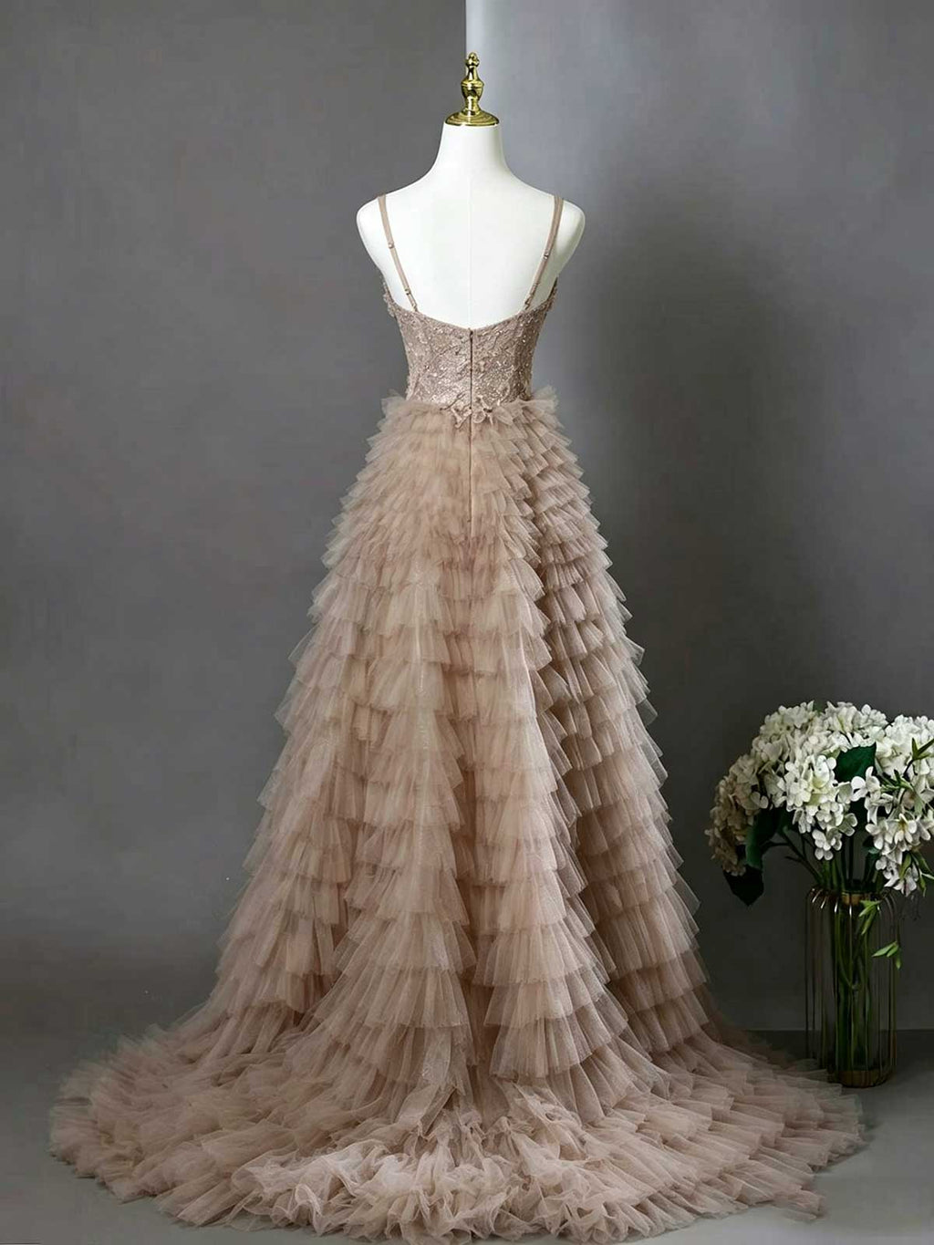 Blush Nude V-Neck Sequin Tiered Tulle Ball Gown with Train