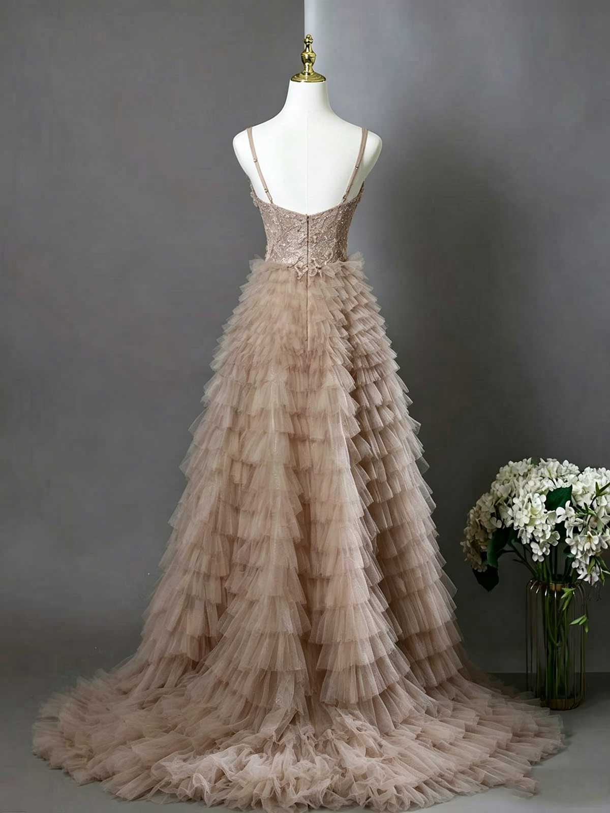 Blush Nude V-Neck Sequin Tiered Tulle Ball Gown with Train