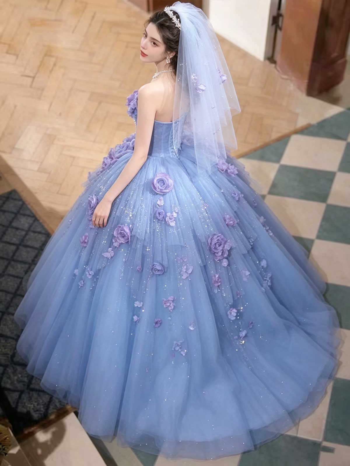 Blue to Purple Ombre Strapless Ball Gown with 3D Floral Appliqués